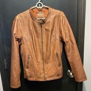 Cognac Faux leather jacket, size large, ribbed sides, purchased from Costco